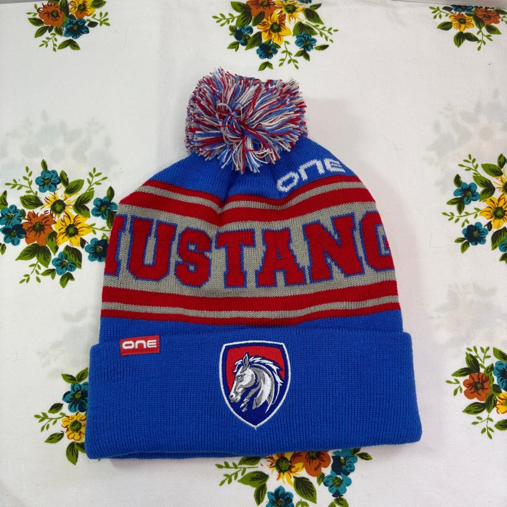 Kids Mustangs Pom-Pom Beanie Embroidered Logo Never Worn Hockey Team